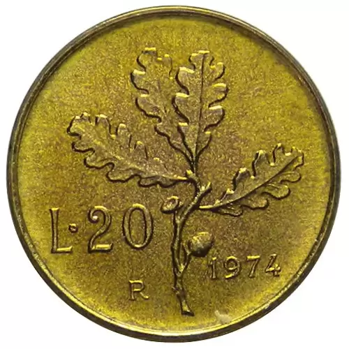 20 lire Quercia del 1974, se hanno una colorazione tendente al bianco, il valore è molto alto